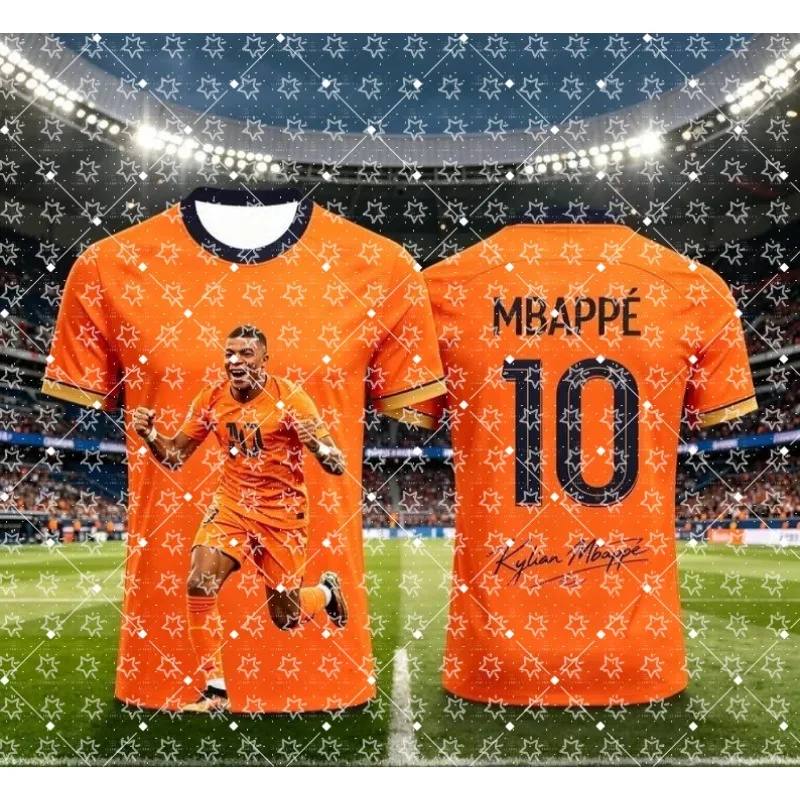 Mbappe No.10 Football Star Graphic T‑Shirt Pink Gradient Print Short Sleeve Tee Soccer Fan Jersey Style Casual Sports T‑Shirts