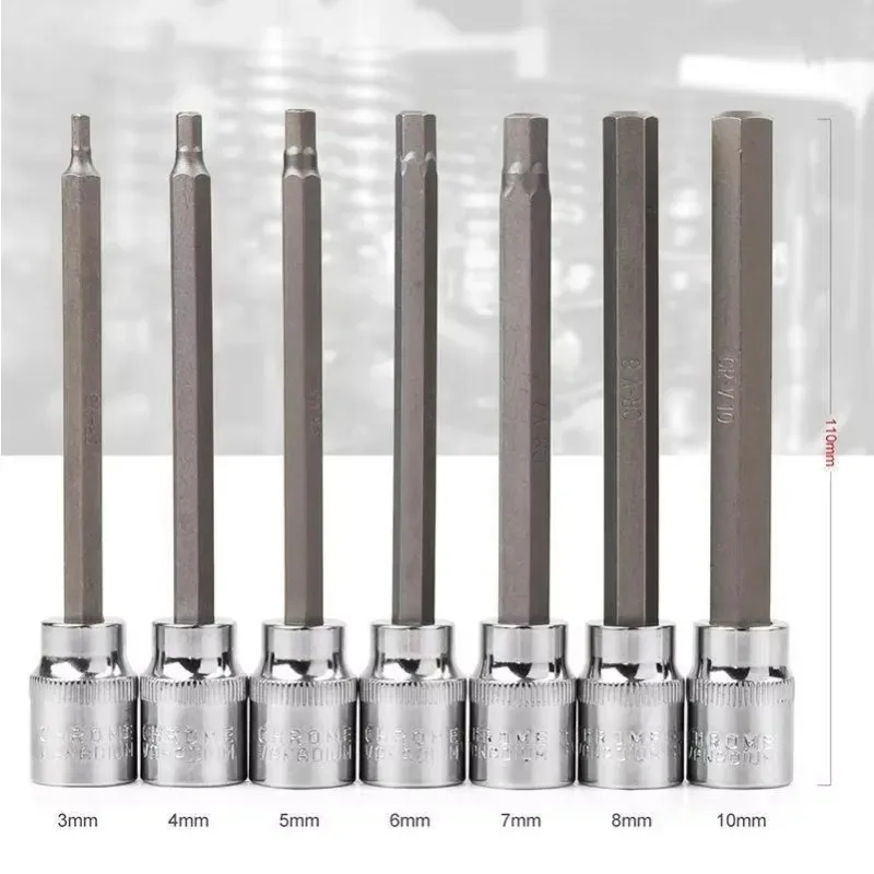 

Набор приводов 3/8 дюйма, 110 мм, для ремонта втулки гаечного ключа, ручные инструменты, 7 шт., набор удлиненных шестигранных насадок H3-H10 CR-V и материал S2