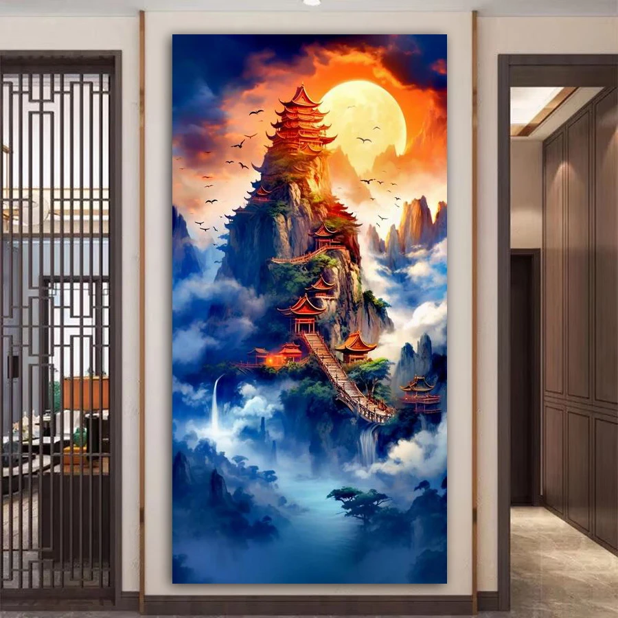 Fullcang Diy Large Size Diamond Painting New Collection Mountain Top Temple Full Mosaic Embroidery Scenic Waterfall Picture