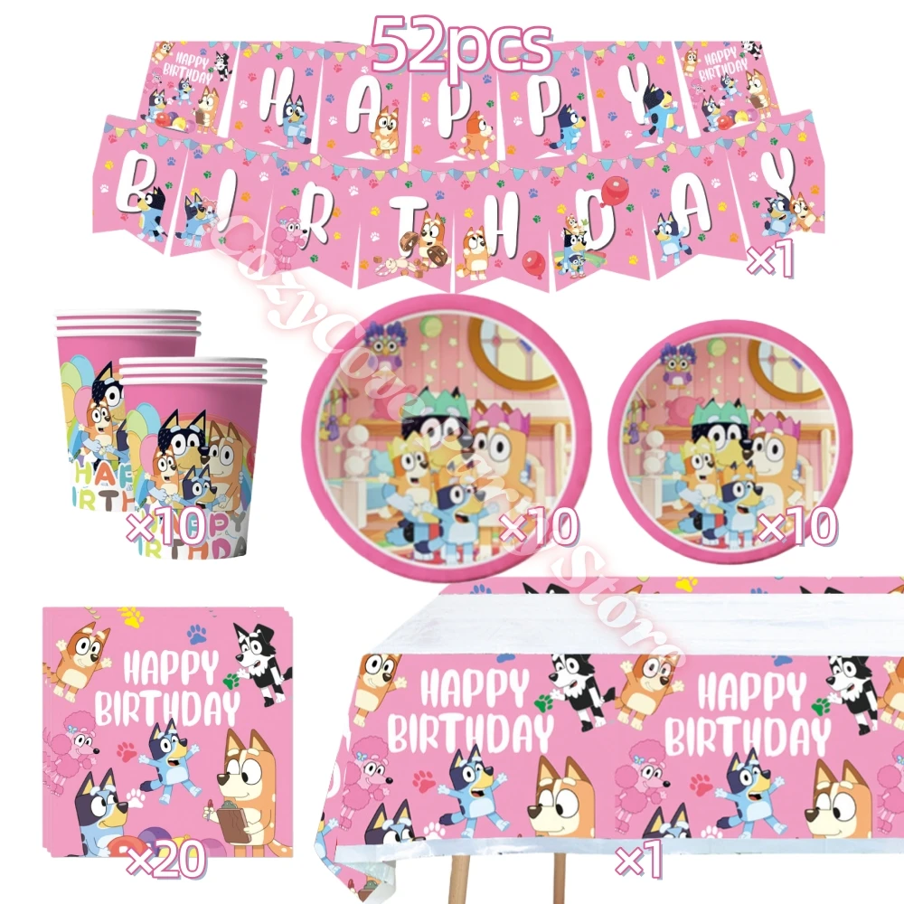 Roze Bluey Verjaardagsparty Decoratie Set Bingo Puppy Beker Bord Servetten Ballonnen voor Kindergeschenken Fotohokje Babyshower