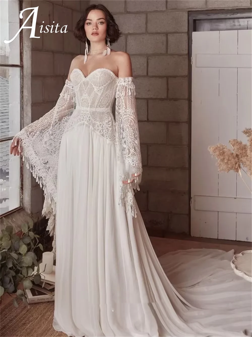 Bride Dress with Long Sleeves A-Line Sweetheart Unique Lace Beach Wedding Dresses for Women Princess Bridal Gown Customized