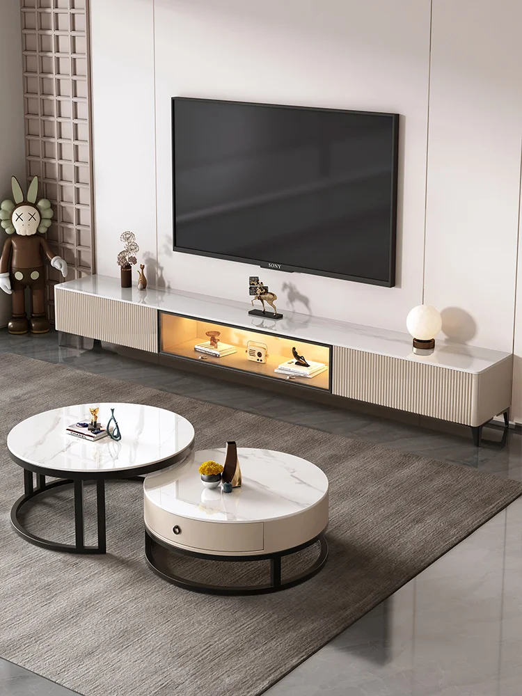 TV cabinet Modern simple living room Home floor cabinet Cream wind 2025 New rock slab coffee table TV cabinet combination