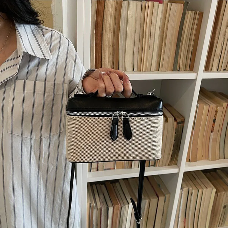 

Ladies Crossbody Bag PU Leather Splicing Fabric Contrast Color Shoulder Straps Fashion Texture Versatile Practical Daily Handbag