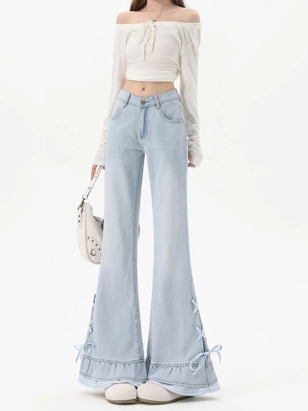 Light Blue Bow Slightly Flared Jeans Women's Autumn New Pleated Edge Splicing High Waist Sweet Fashion Floor Length Pants