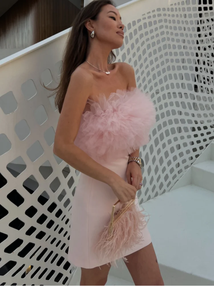 

Silk Mesh Strapless Fluffy Dress Gauze Stereo Floral Party Gown Off Shoulder Slim Fit Backless Short Dresses Women's Clothing