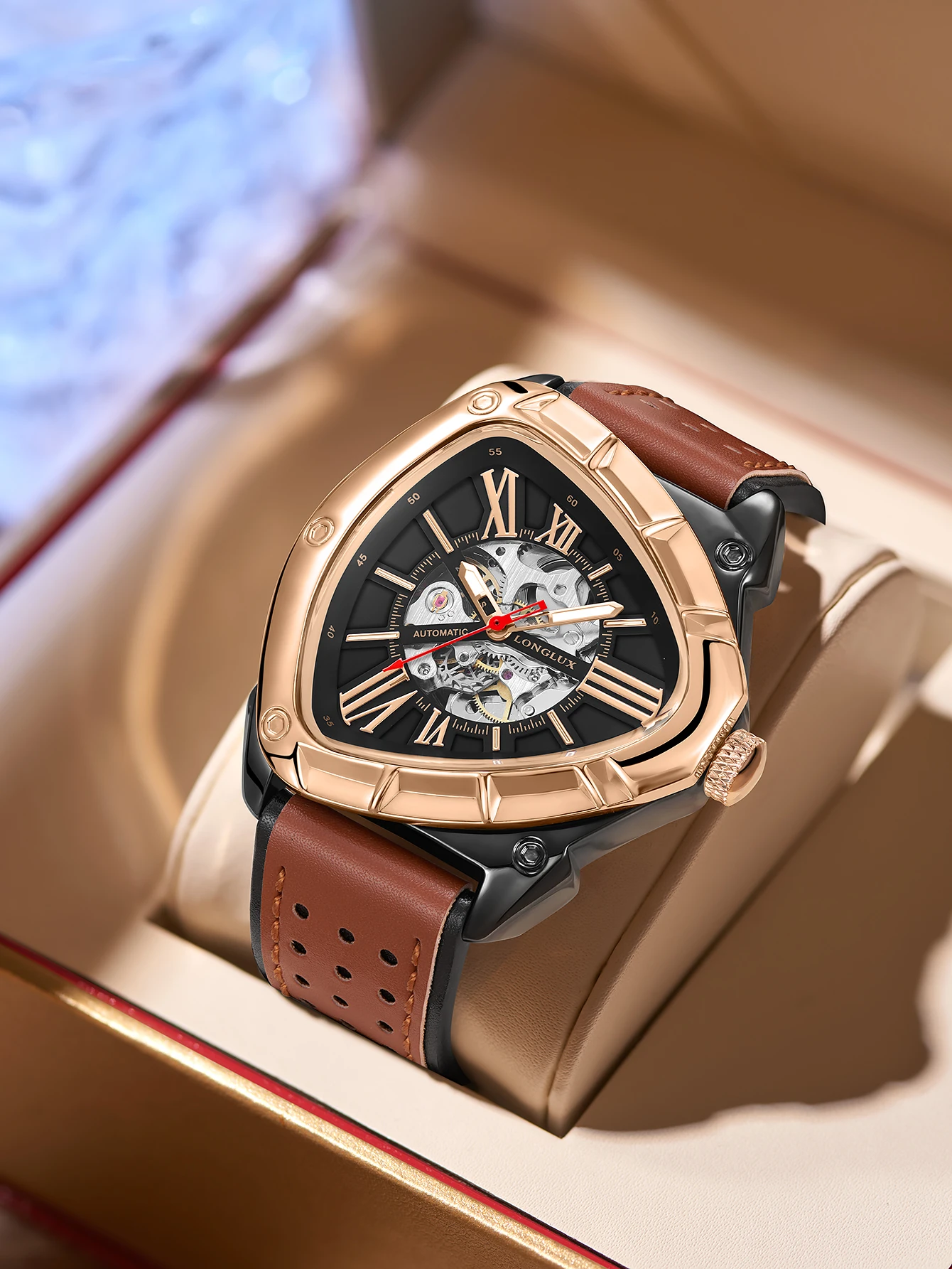 Herren Automatikuhr im Outdoor-Stil, Mechanische Uhren, Retro Dreieck-Skelett, Leder, Wasserdicht, Leuchtend, Herrenuhr