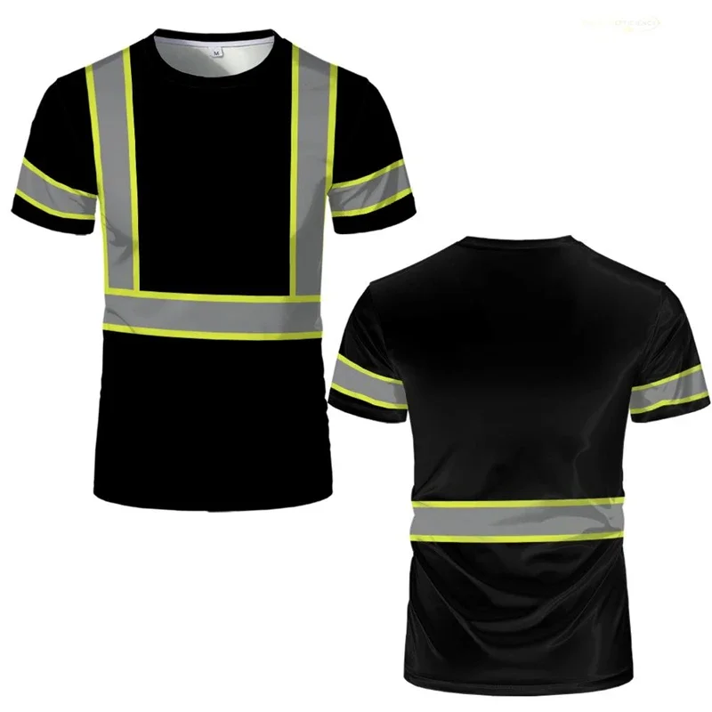 Simple striped safety work T-shirt summer casual short sleeved 3D printed FamilyMatchinground neck T-shirt top