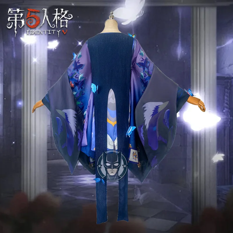 لعبة الهوية الجديدة على شكل حرف V Onmyoji ‌   زي ديمي بوربون التنكري، فستان على شكل فراشة زرقاء داكنة، زي موحد لحفلات الهالوين، ملابس لعب الأدوار