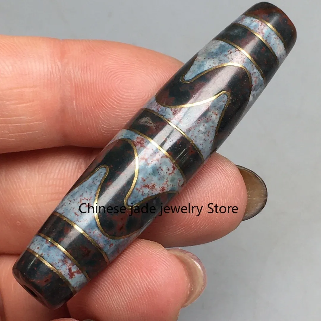 Rare Tibetan Buddhism Agate Inlaid Gold Wire Tiger Tooth Dzi Bead Pendant P1067