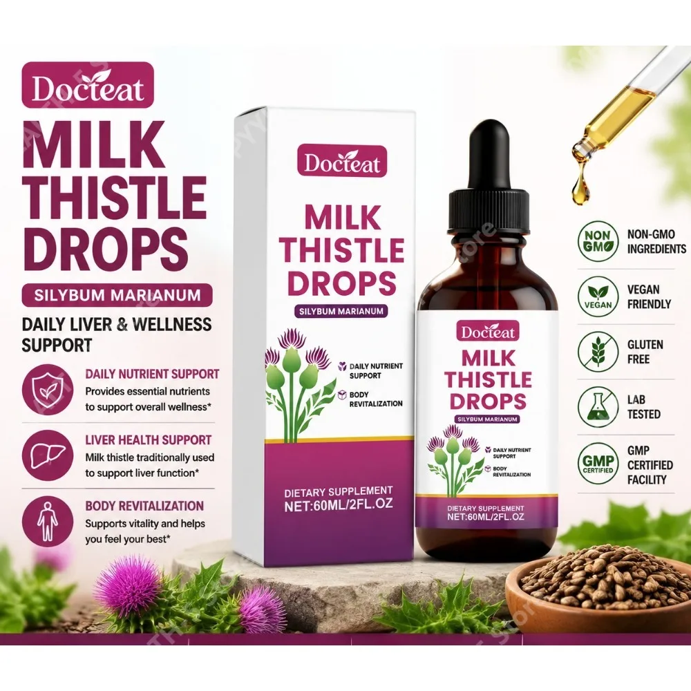 Docteat Milk Thistle Drops 60 Ml Bottle, 1 Ml Serving, Vitamin D3 and Zinc Citrate, Elderberry Echinacea Daily Nutrient Support