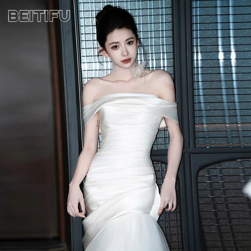 BeitifuBaby-Vestidos de novia sin tirantes para mujer, falda de encaje de sirena Vintage sin mangas adelgazante, vestido de novia para mujer 2025