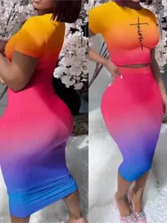 Spring Summer Women's Clothing New Fashion Printed Round Neck Short T-shirt Sleeve Sexy Hip Bag Skirt With Exposed Navel Set