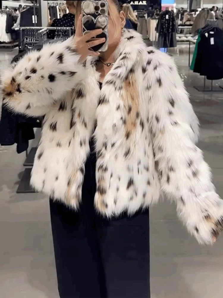 HH 2024 المرأة سترة الفراء الاصطناعي أنيقة الدافئة فضفاضة مرقطة طباعة معطف طويل الأكمام معطف غير رسمي سيدة فروي أبلى #2