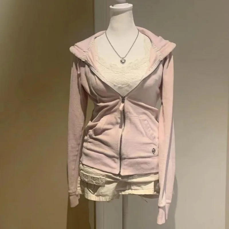 Vintage Originale Sport Dimagrante Rosa Cardigan Cappuccio Y2g Gyaru Retro Zip-up Felpe con cappuccio Capispalla Donna 2025 Primavera Autunno