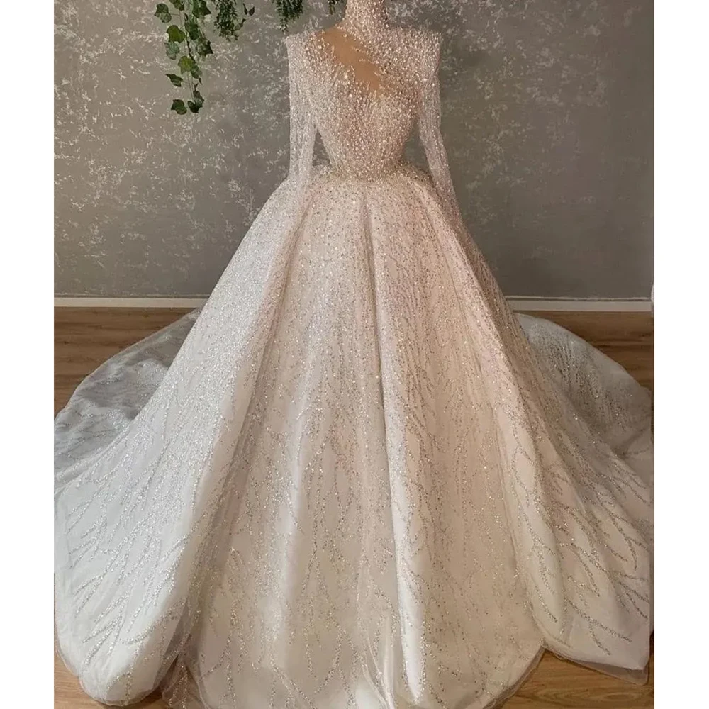 

Gorgeous Wedding Dresses for Women Luxury Long Sleeve High Neck Sequined A-Line Gowns Draped Customized Royal Train Dress