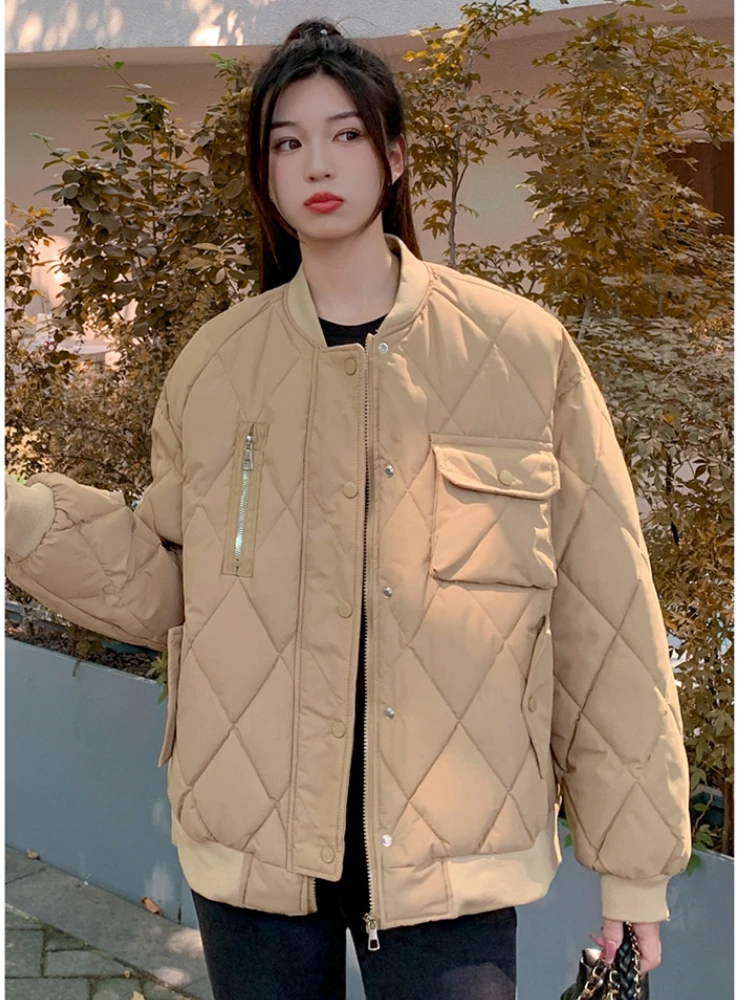 Winter Overcoat Women's Down Cotton Coat Harajuku Vintage Puffer Jacket Buttons Long Sleeve Baseball Jacket Quilted Loose Parka