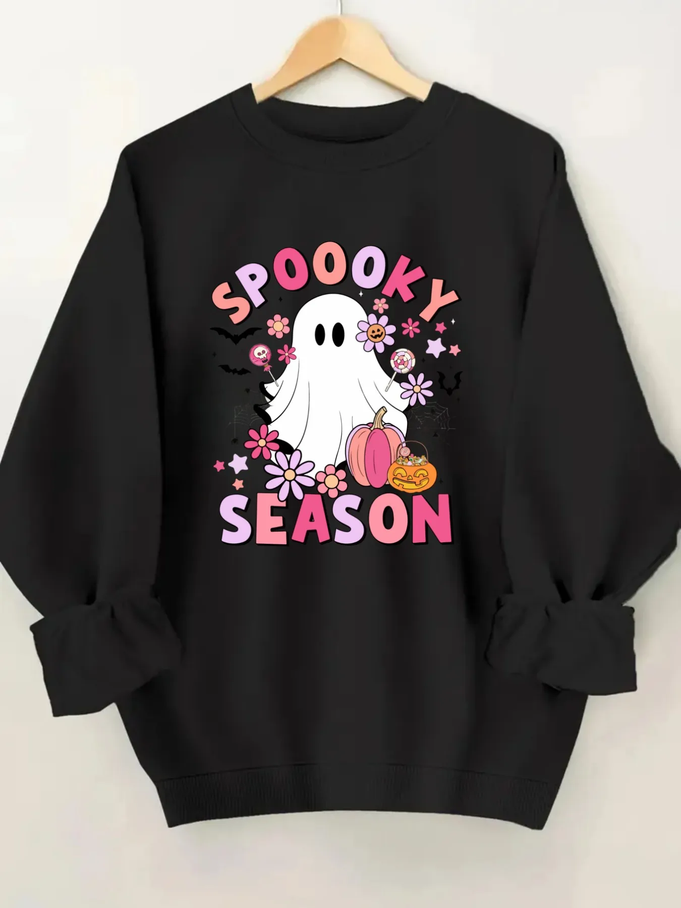 Women's Crewneck Pullover Sweatshirt Spooky Season Print Design, Soft Casual Long Sleeve, Daily Casual Top Outfit, Winter Women's Clothing, Halloween Costume Outfit