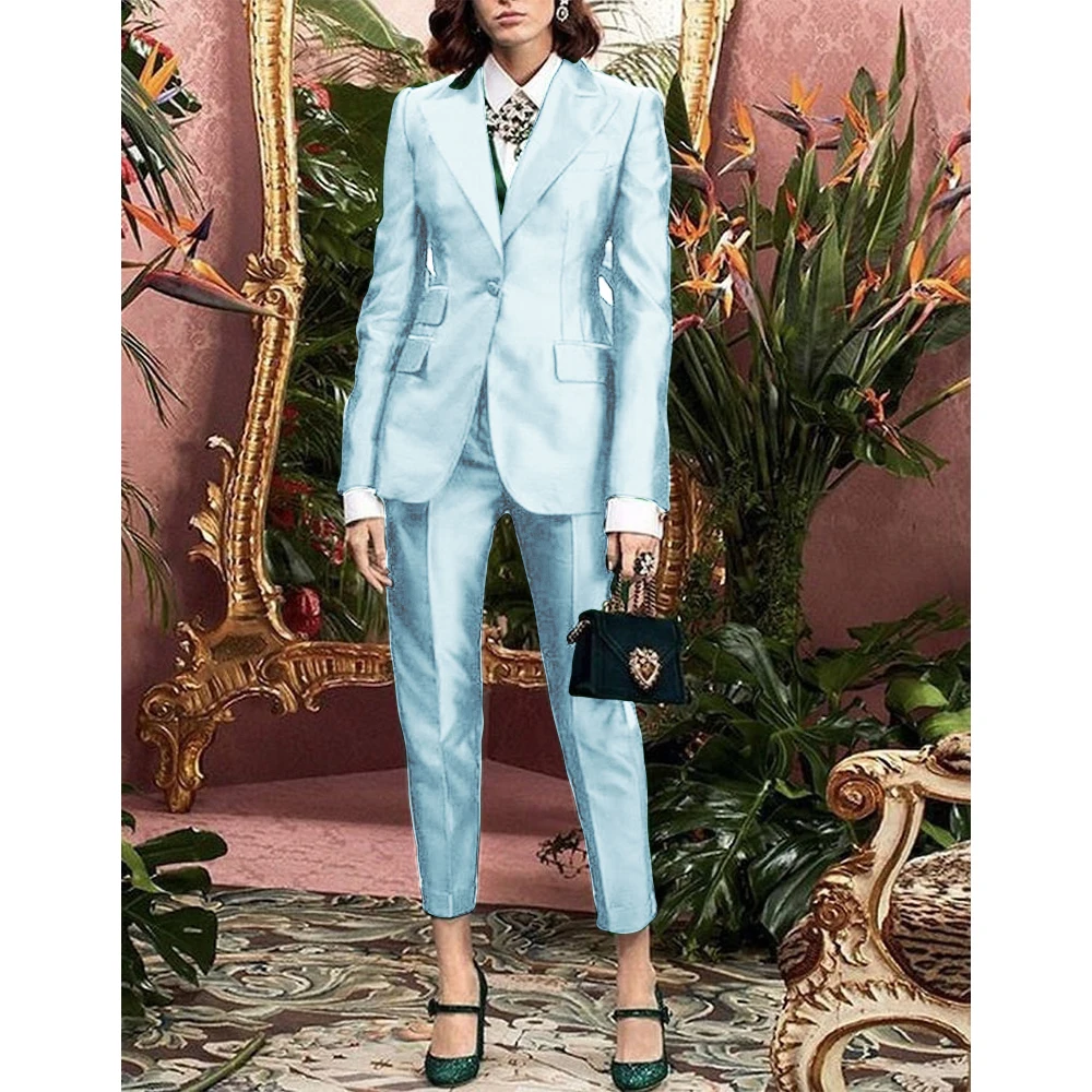 Satin Women\'s Luxury Suit Set Ladies 2 Pieces Pants and Top Evening Party Slim Fit Peaked Lapel Jacket Blazer New Combi-pants