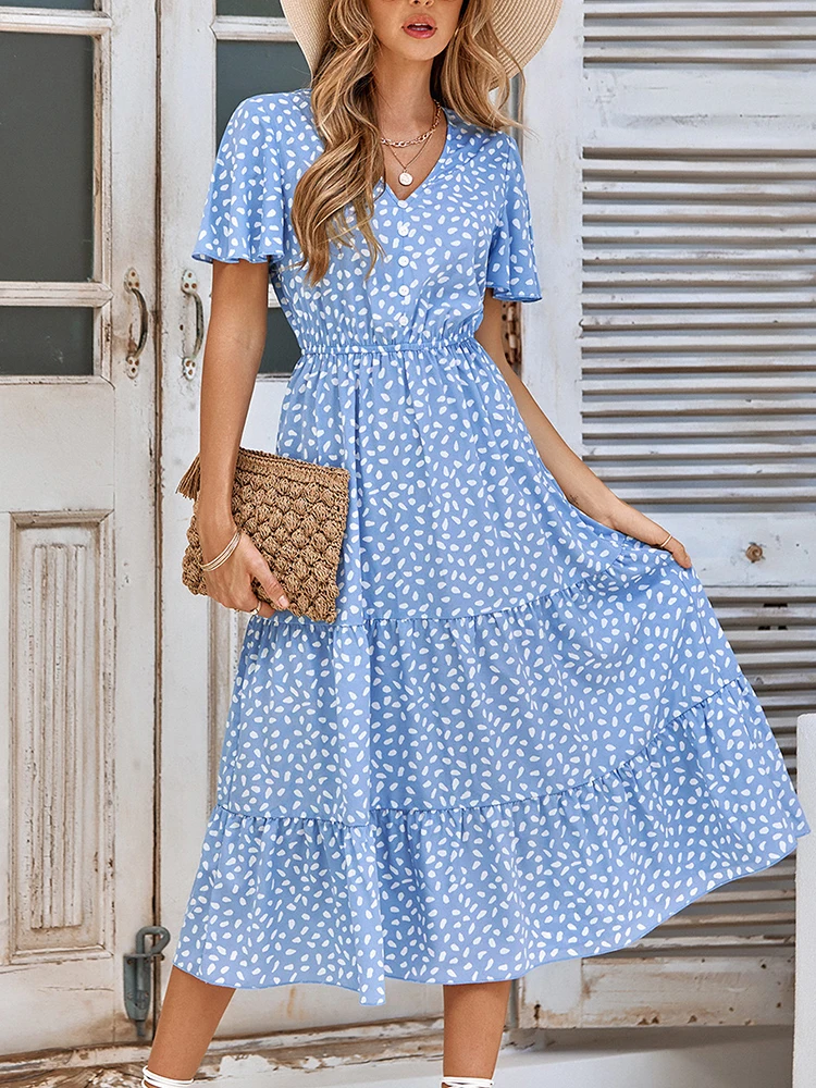 Vestido estampado con cuello en V para mujer, vestidos Retro bohemios para mujer, vestido Midi de manga corta con hoja de loto, Vestido de playa suelto informal para mujer, Verano