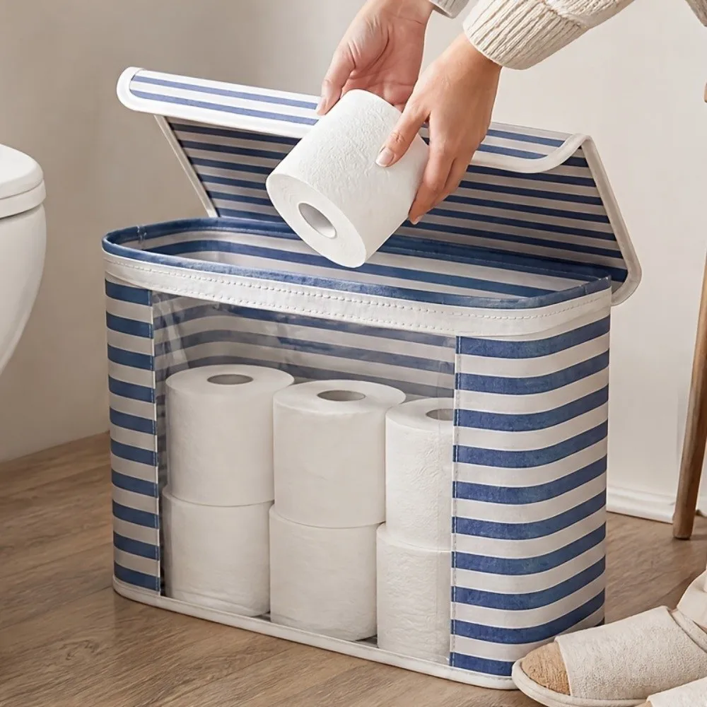 Large Capacity Toilet Paper Storage Box Folding with Flip Lid Bathroom Tissue Box Clear Window Striped Fabric Storage Basket