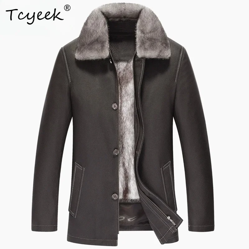 Tcyeek Natural Cross Mink Coat Man Top Layer Deerskin Real Leather Jacket Men Clothes Real Fur Winter Jacket Mid-length Trendy