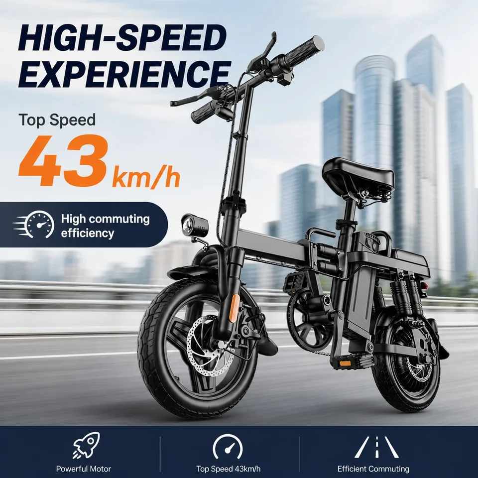 14 Inch Folding Electric Bike for Adults, 48V 15Ah 60km Long Range Commuter E-bike, 43km/h High Speed, Dual Disc Brakes, 150kg Load Portable Electric Bicycle with Basket image 3