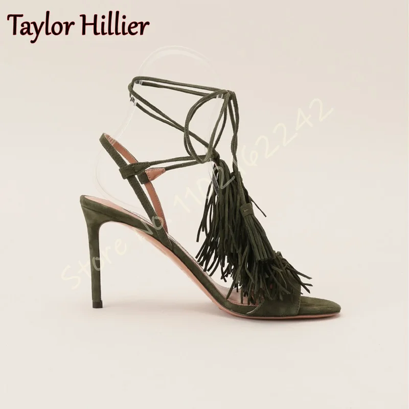 New Summer Tassel High Heel Sandals Open Toe Stiletto Cross Strap Women's Sandals Fashion Elegant Dress Casual Modern Sandals 46