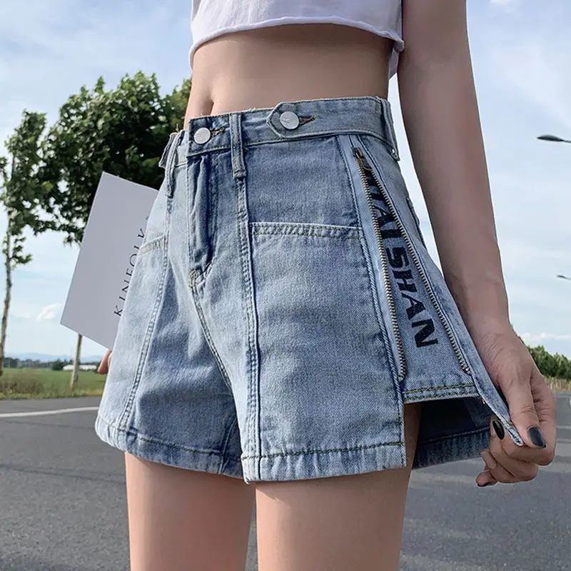 Women Summer Korean New High Waist Denim Shorts Fashion Trend Side Zipper Button Pocket Splicing Loose Versatile Wide Leg Pants