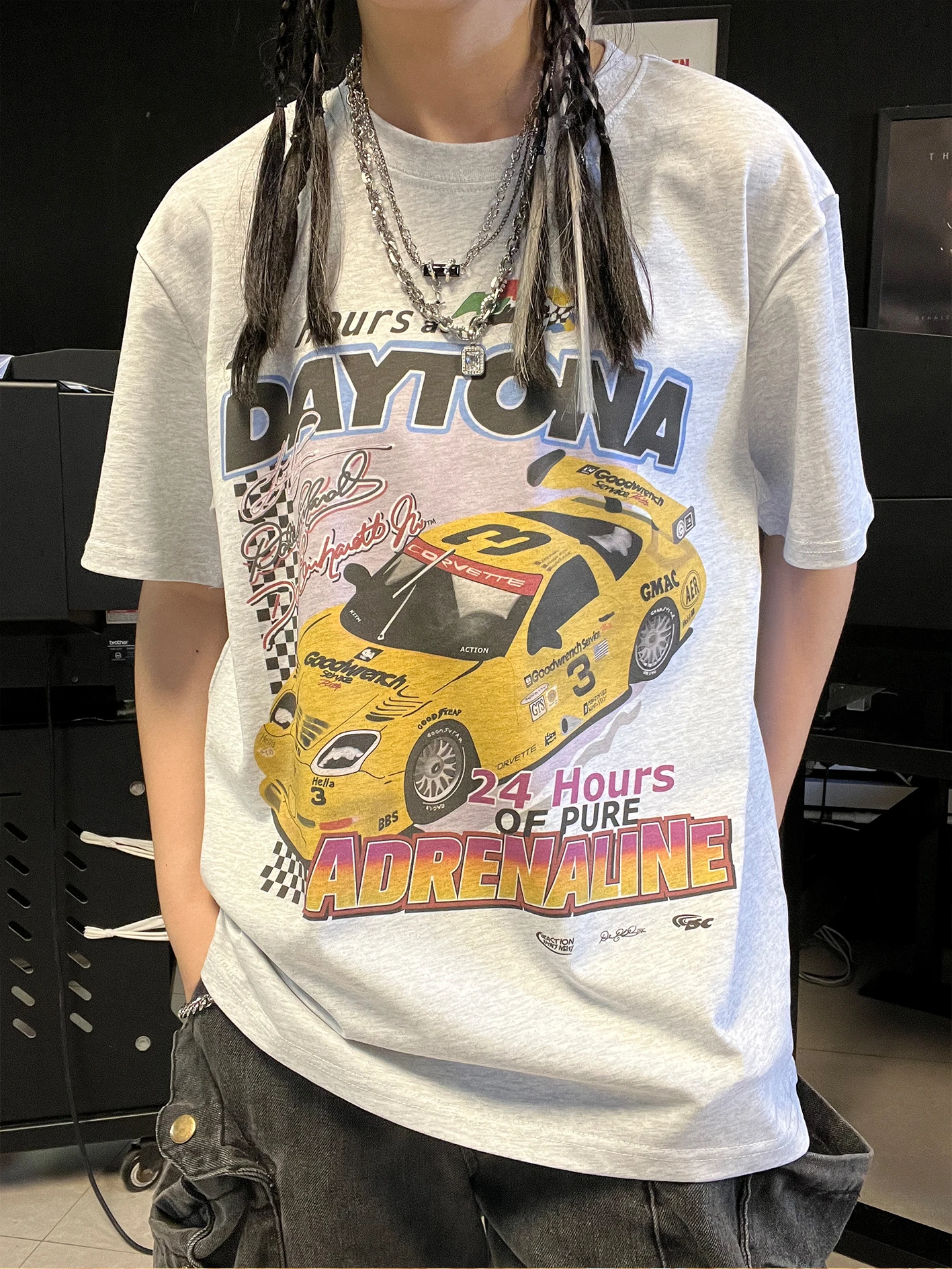 Heavyweight 260G Yellow Racing Car Casual Style Sport Short Sleeve T-Shirt Summer Street Retro Wang Studio Clothing Accessory