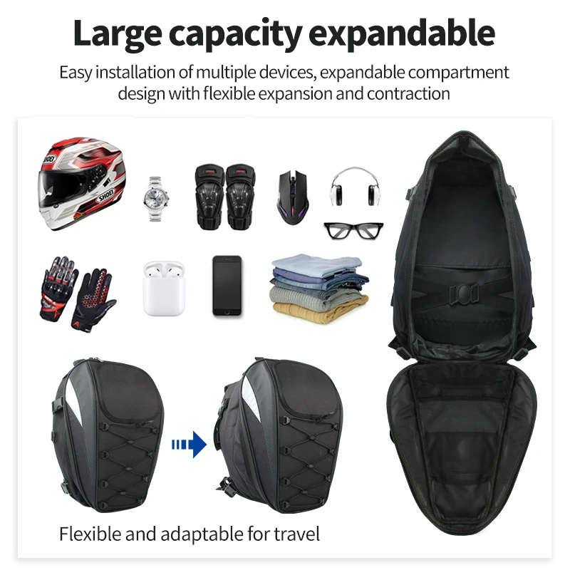 حقيبة دراجة نارية مقاوم للماء دراجة نارية السرج حقيبة عالية السعة دراجة نارية خوذة على ظهره عاكس الذيل حقيبة الأمتعة