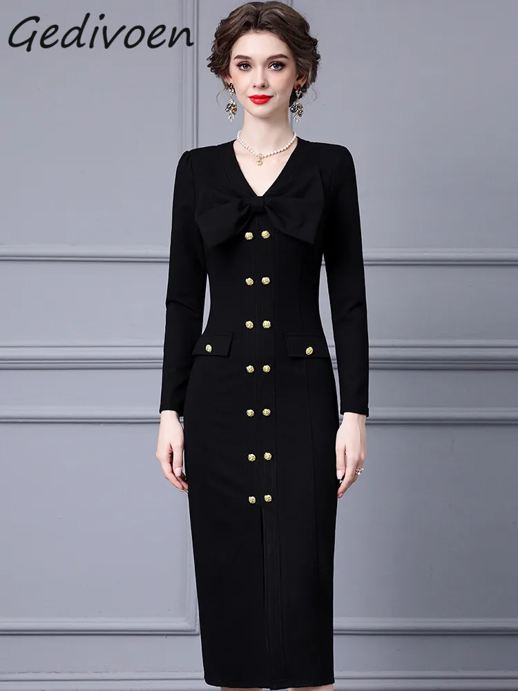 

Gedivoen Autumn Fashion Runway Black Vintage Party Dress Women V Neck Bow Button High Waist Package Buttock Slit Slim Long Dress