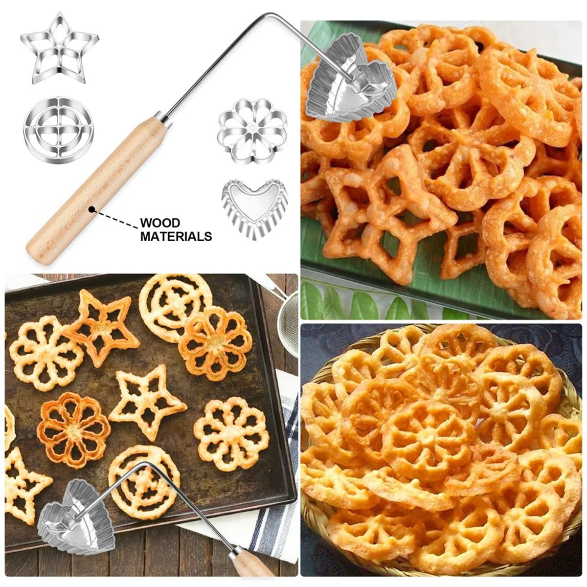 5PCS Bunuelos Mold Set Cake Snack Mold with Wooden Handles,Rosette Maker Cookie Bunuelos Tool