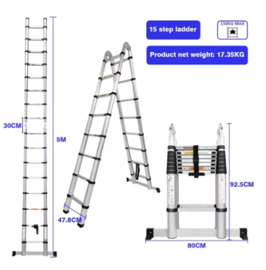 16.5FT(8.2ft+8.2ft)/5M Multi-Purpose Telescopic Aluminium Ladder,Extendable Folding Ladder, Non-Slip Steps, 150 kg Load Capacity