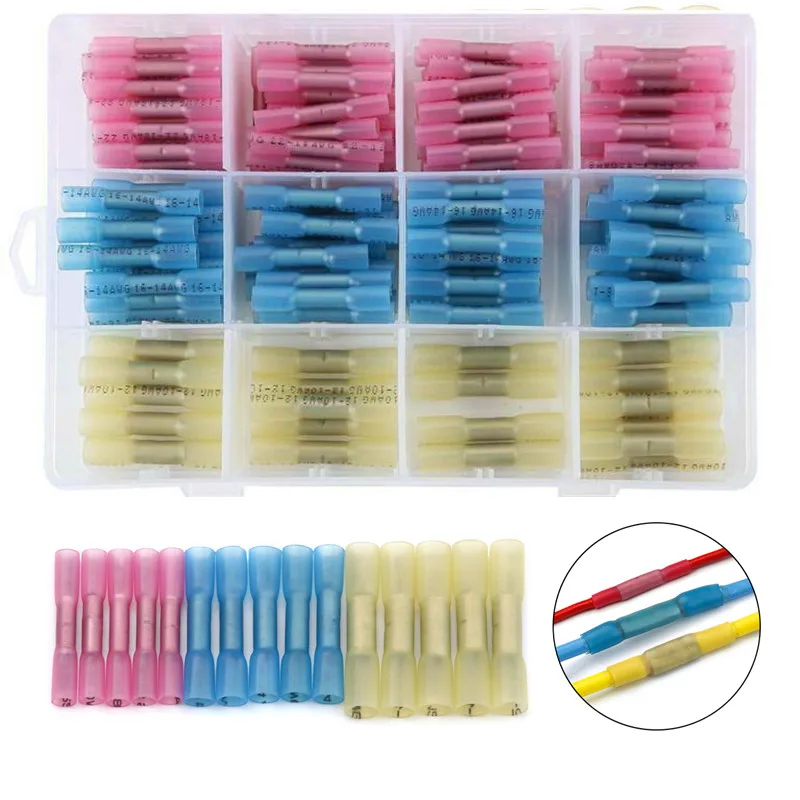 

200/100pcs Waterproof Solder Seal Wire Connectors Heat Shrink Butt Crimp Connectors Electrical Wire Terminals