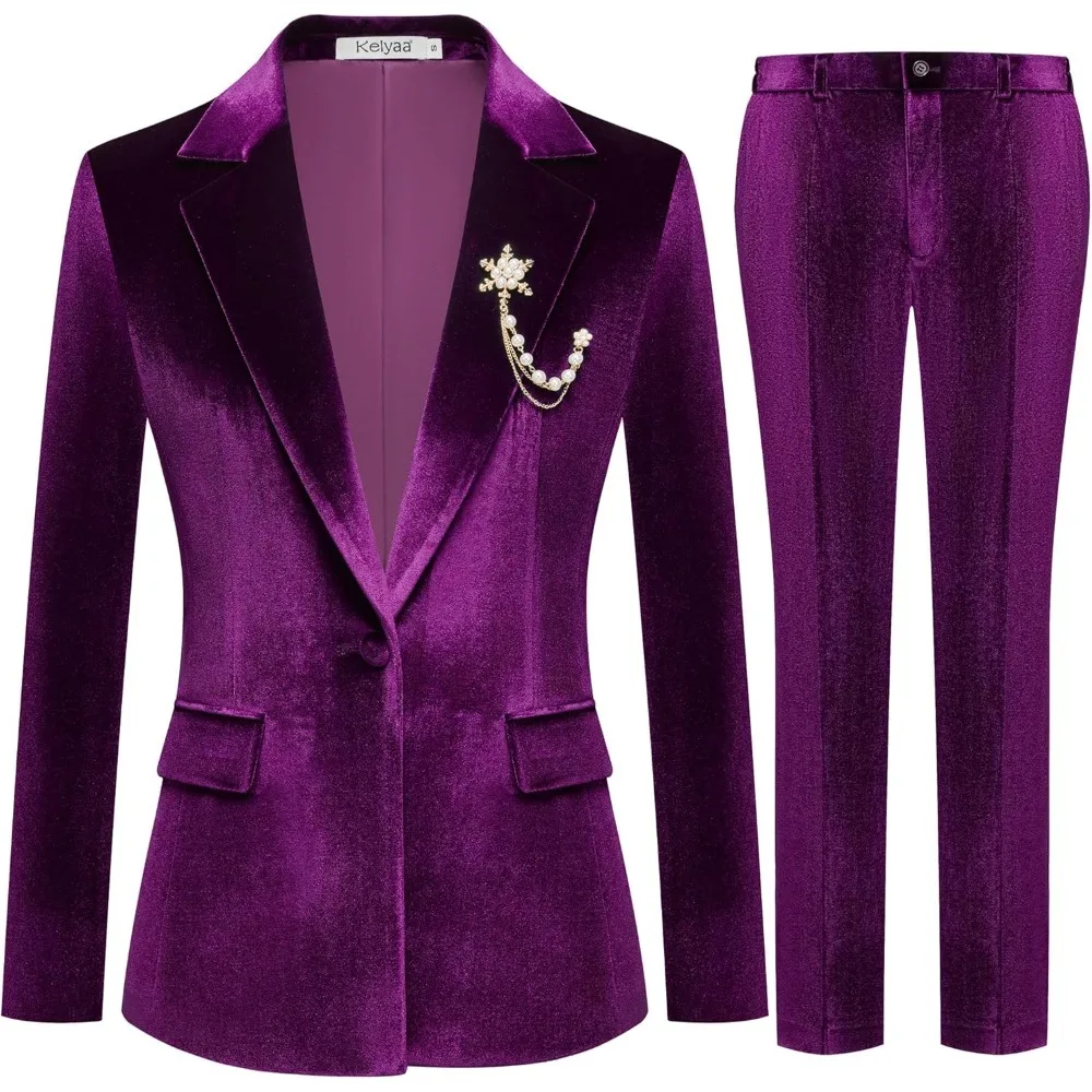 Women's 2 Piece Velvet Suit Notch Lapel One Button Slim Fit Business Party Wedding Tuxedo Blazer Pants Set