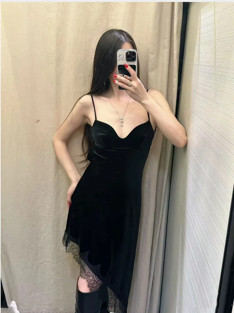 Vestido Midi Retro de Veludo com Renda Sem Alças Moda Fena Primavera Outono Inverno Nova Chegada Vestido Casual Bodycon D...