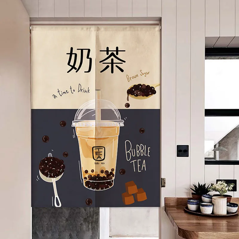Milk Tea Shop Door Curtain Cartoon Milk Tea Pattern Partition Curtain Drape Kitchen Dining Room Entrance Hanging Half-Curtain
