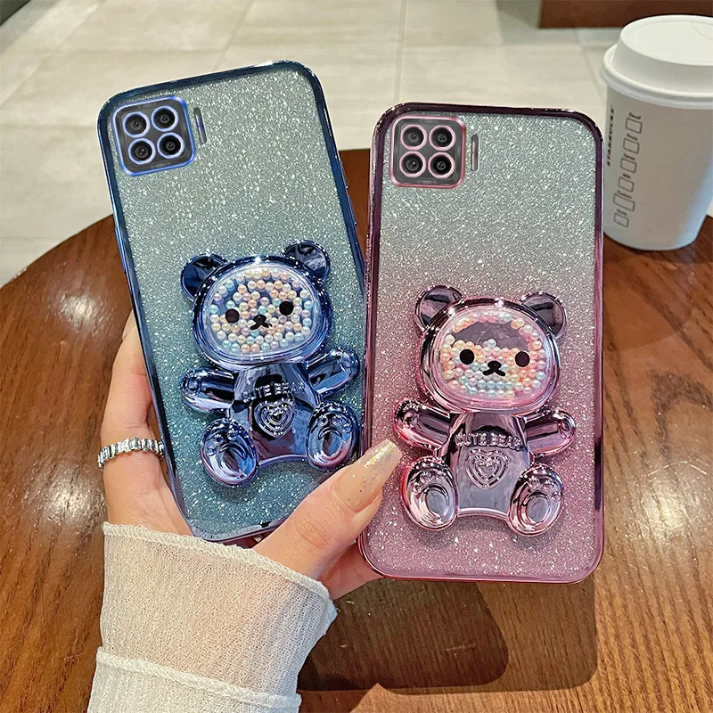 For OPPO A73 Case Soft Silicone Bling Shockproof Electroplated TPU Cell Phone Casing For OPPOA73 Back Cover Cute Bear Stand