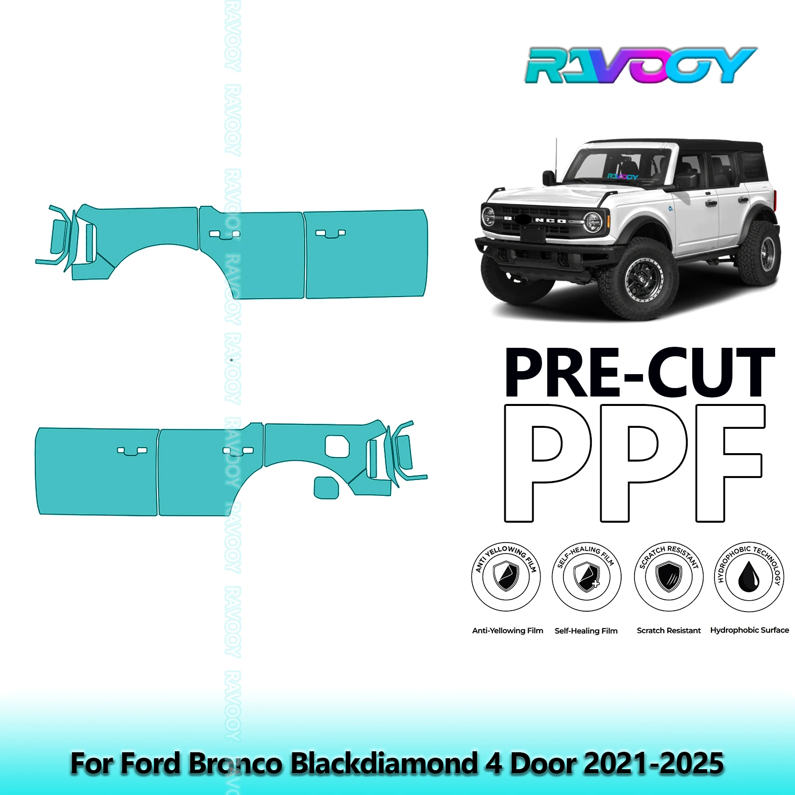 

For Ford Bronco Blackdiamond 4 Door 2021-2025 8.5mil Clear Matte Pre-Cut PPF Door & A/B Pillar Kit TPU Paint Protection Film Set