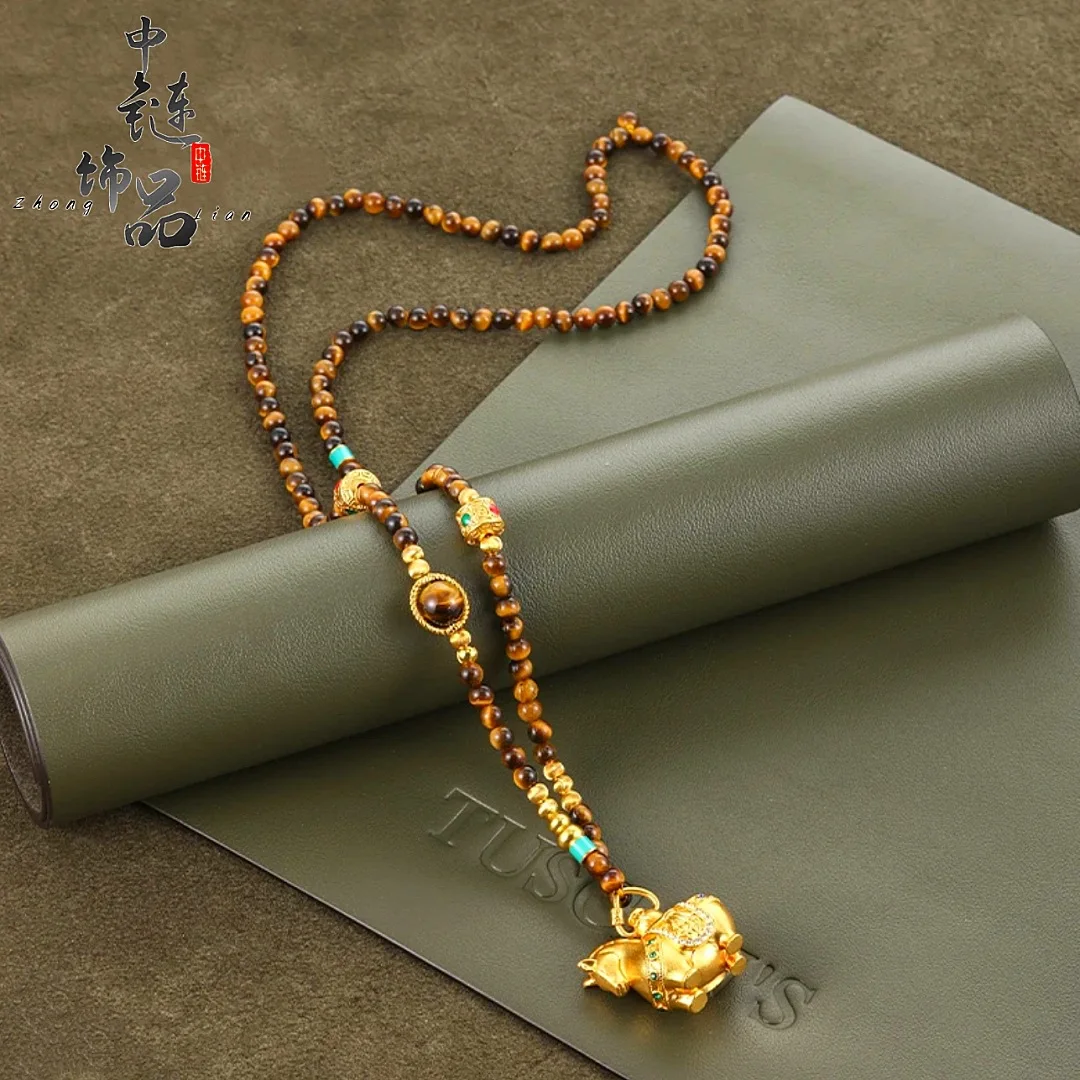 Tang Ma pendant with diamond female new Chinese style Tang Ma diy tiger eye stone 9999gold