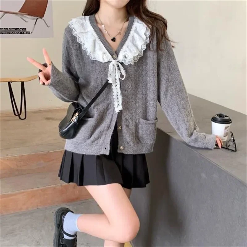 Women Cardigan Sweaters Button Splice Peter Pan Collar Lace Splice Jumpers Solid Casual Thick Warm Sweater Outwear Elegant