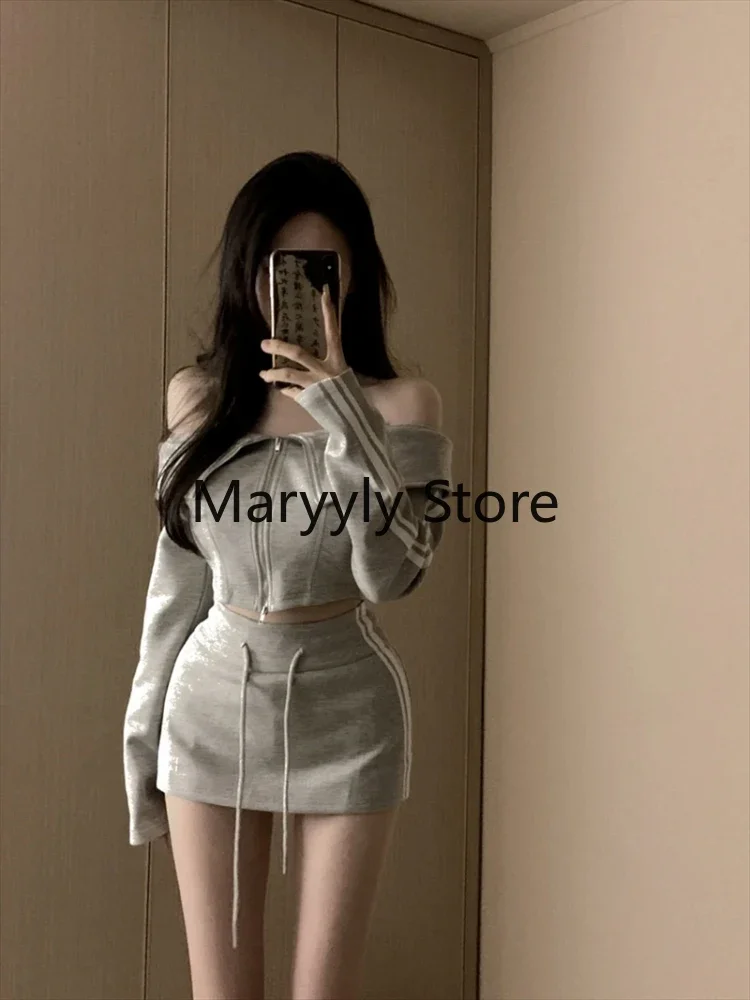 Pure Color 2 Piece Skirt Set Women Sexy Bodycorn Long Sleeve Sweatshirts Tops + Casual High Waist  Sport Mini Skirt 2023 Autumn