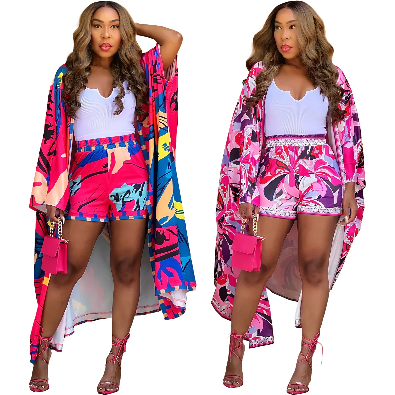 Digital Printed Women Beach 2 Piece Set Long Sleeve Loose Cardigan Fashion Shorts Matching Set 2023 Summer Holiday Beach Outfits