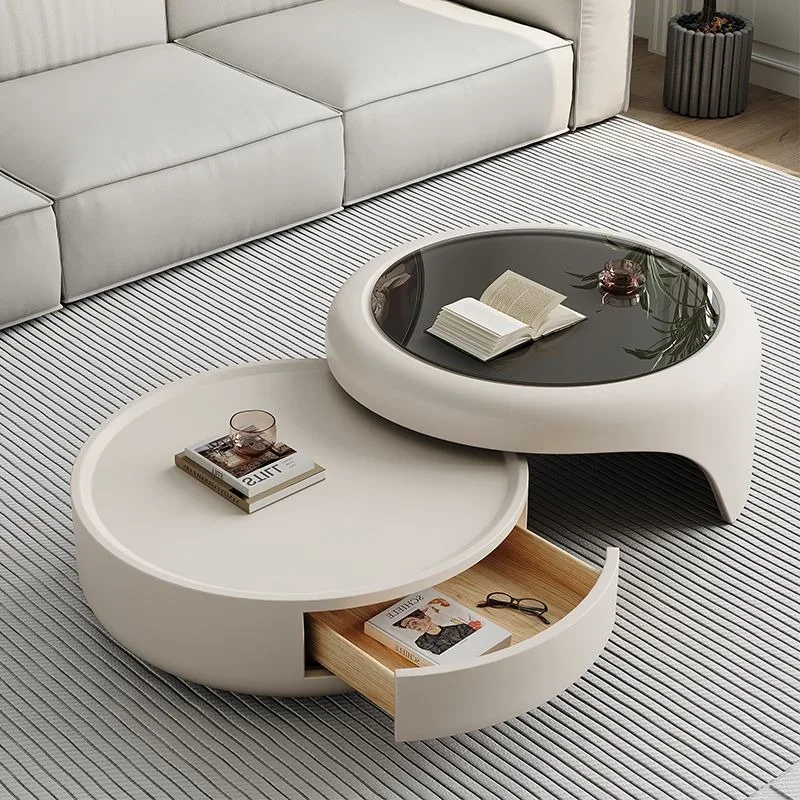 Cream Solid Wood Coffee Table | Elegant | Retractable Storage | Premium Round