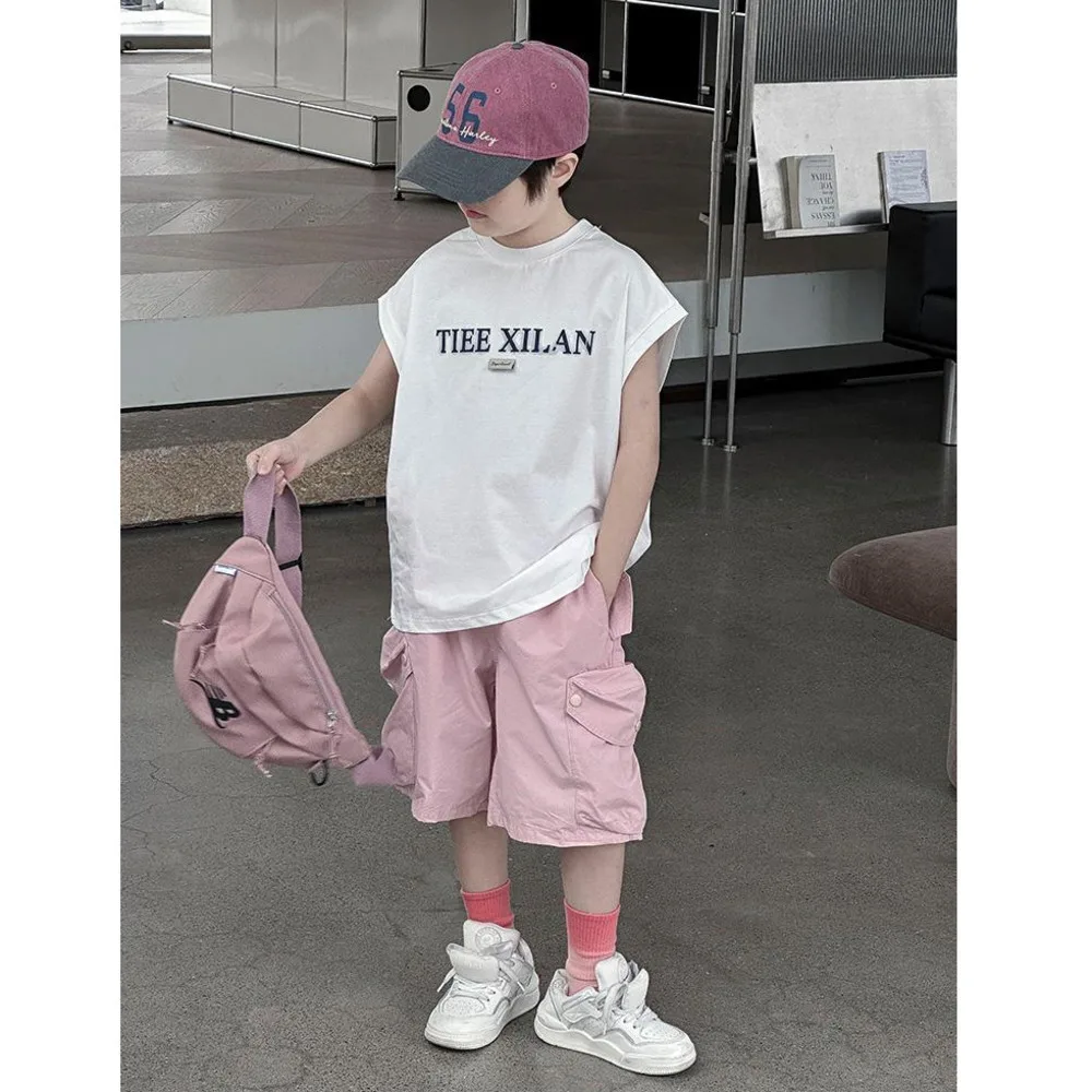 

Boys' Summer Clothing 2024 New Children's Vest Set Sleeveless Top For Big Children Handsome Two-piece Cargo Pants Suits