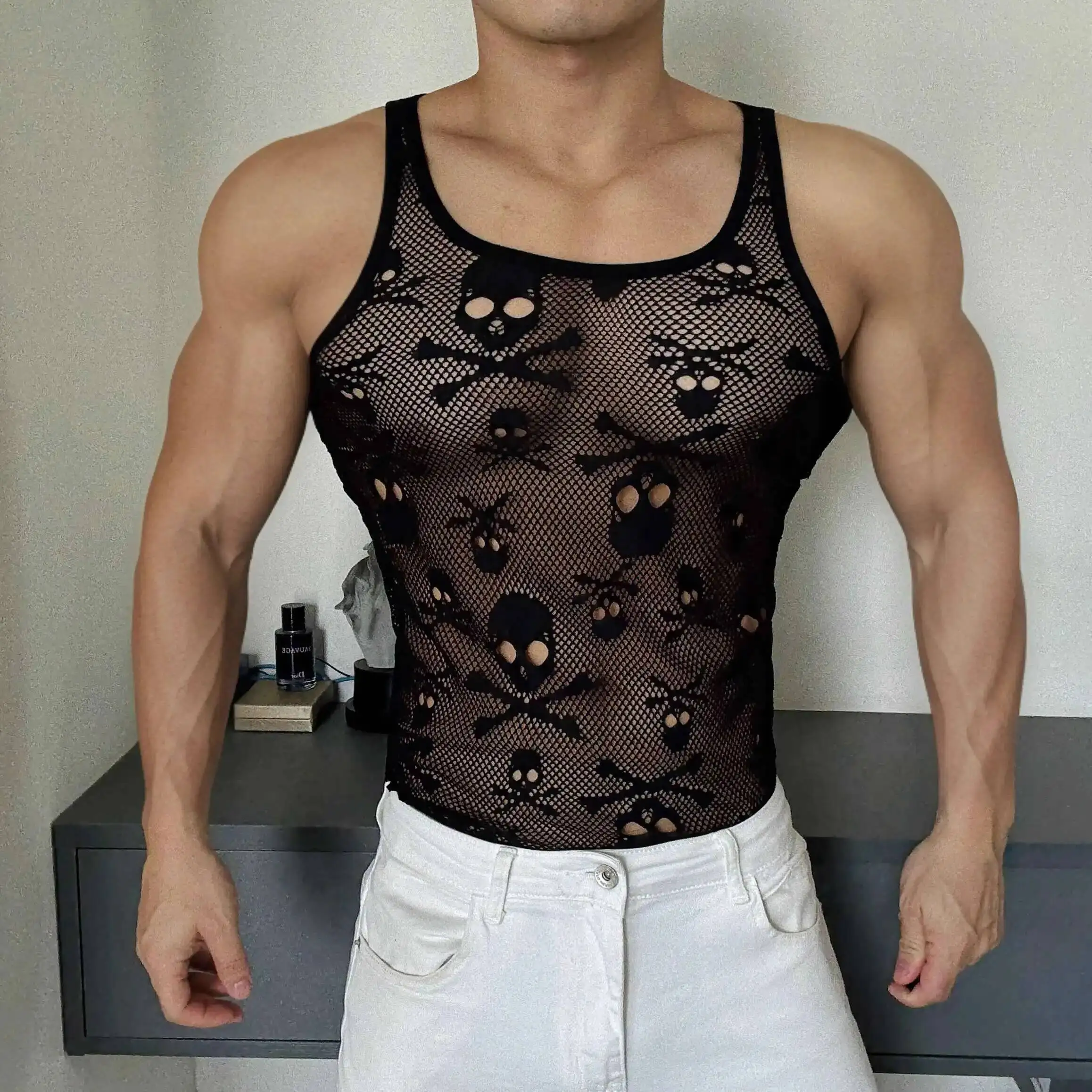 

Summer black skull see through men fitness Ttank top Ultra thin sexy plus size knitted t shirt streetwear