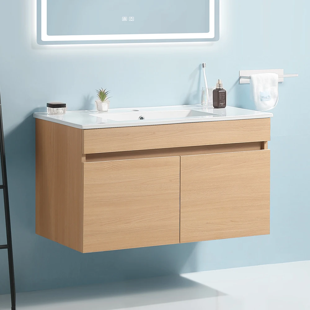 

36 Inch Wall Mounted Bathroom Vanity with White Ceramic Basin,Two Soft Close Cabinet Doors, Solid Wood,Excluding faucets,Light O