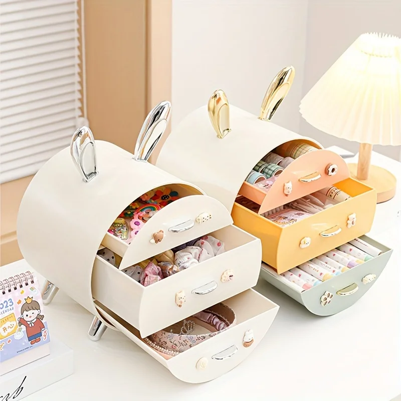 1pc Drawer Type Cosmetic Storage Box, Rabbit Decor Multi-functional Large Capacity Makeup Storage Case
