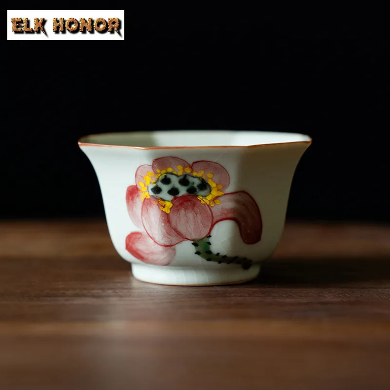 

95ml Hand-painted Lotus Octagonal Teacup Retro Tea Bowl Tea Cup Set Tea-tasting Smelling Cup Chazhan Master Cups Chinese Tea Set