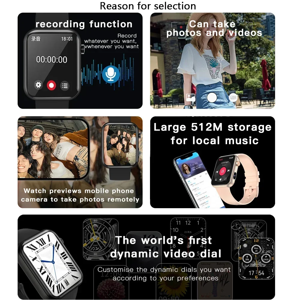Camera Smart Watch Men 512MB Memory Album Bluetooth Call Recording 1.91-inch Sleep Monitor Sports Smartwatch Women Android iOS